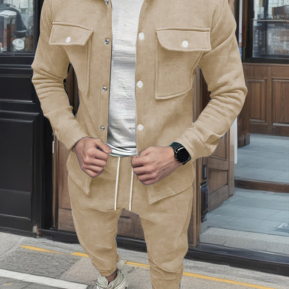 1set Men'S Casual Solid Color Polyester Outfit - Long Sleeve Button-Down Lapel Collar Jacket with Pockets and Drawstring Long Pants Set for Fall/Winter
