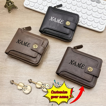 Personalized Retro Men's Zipper Wallet with Golden-Tone Chain & Custom Initials - Faux Leather Business Wallet with Multiple Compartments, Coin Pocket & Secure Closure - Ideal Gift for Men (Black/Brown) - Hand Washable & Dura