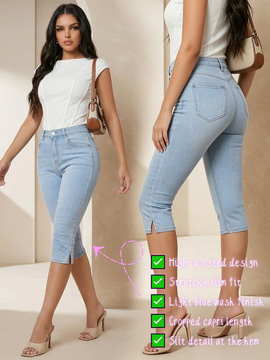 Women’s Light Blue Slim Fit Denim Capri Pants Summer 2026