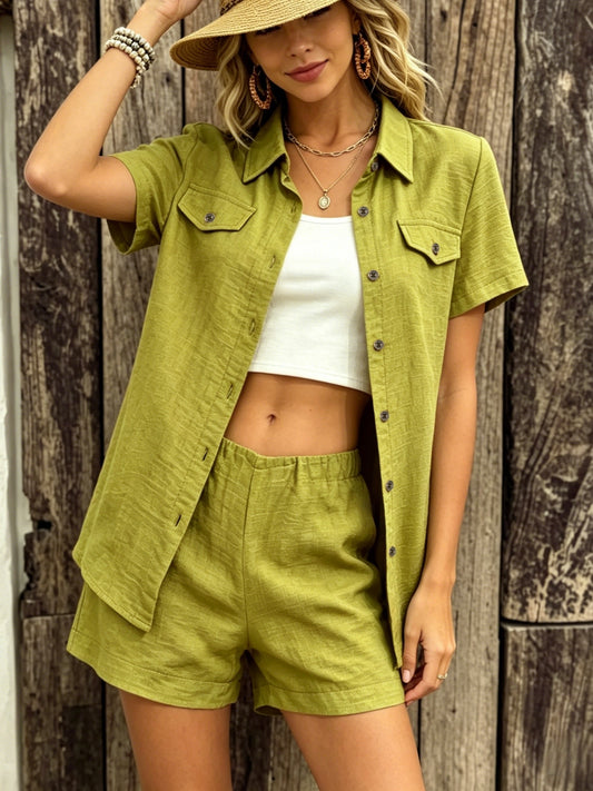 Women's Casual Linen-Texture Shirt & Shorts Set for Summer