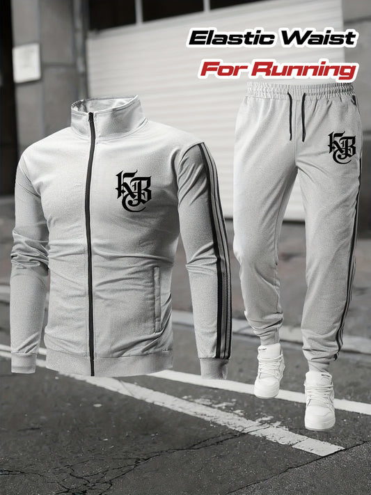 Casual Print Full-Zip Men'S Sportswear Set, Suitable for Gym Workouts And Running, Includes a Long-Sleeve Stand-Up Collar Jacket And Elastic Waist Joggers in a 2pcs Set