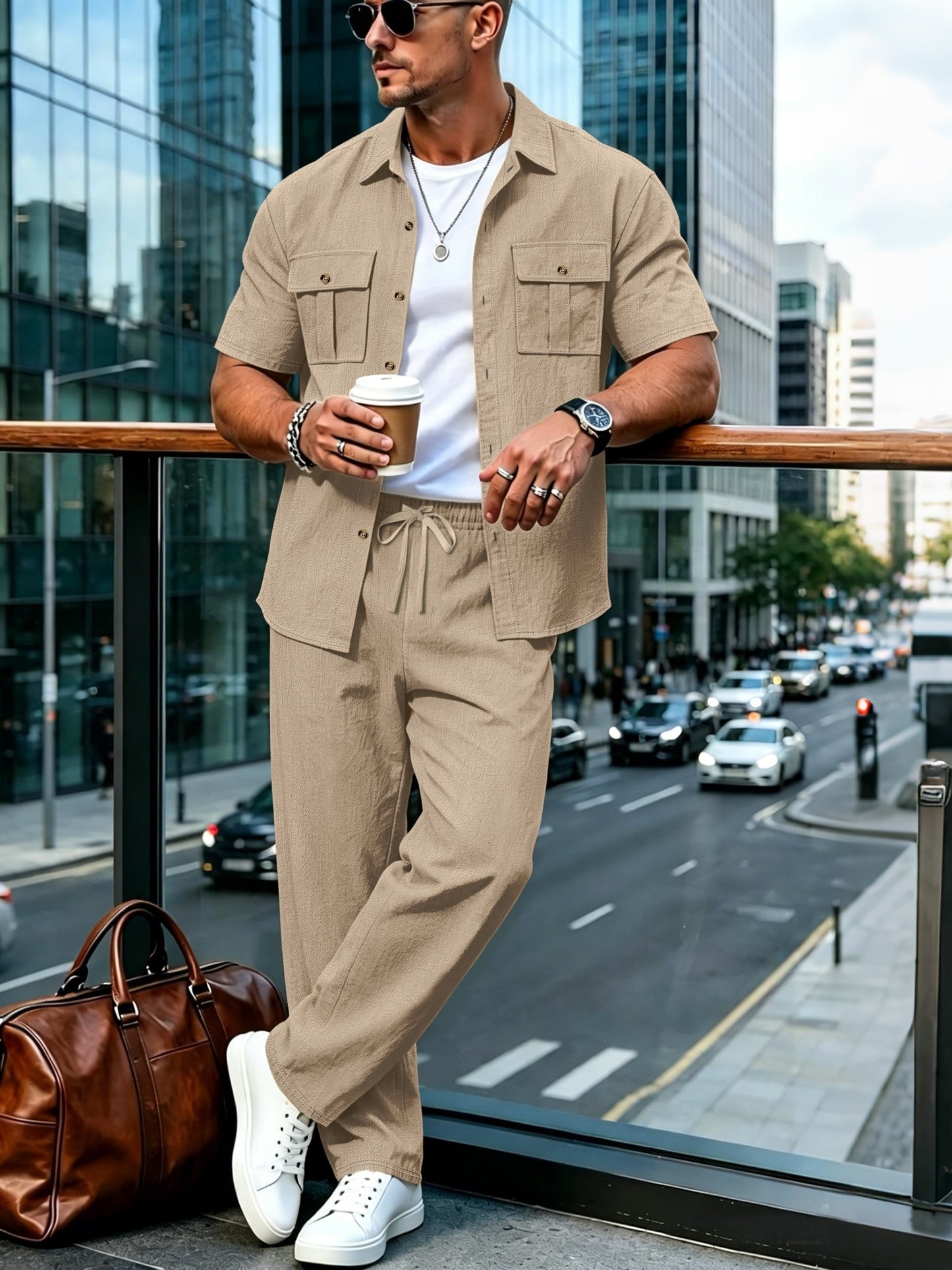 Men's Summer Casual Linen Blend Two-Pocket Shirt & Pants Set