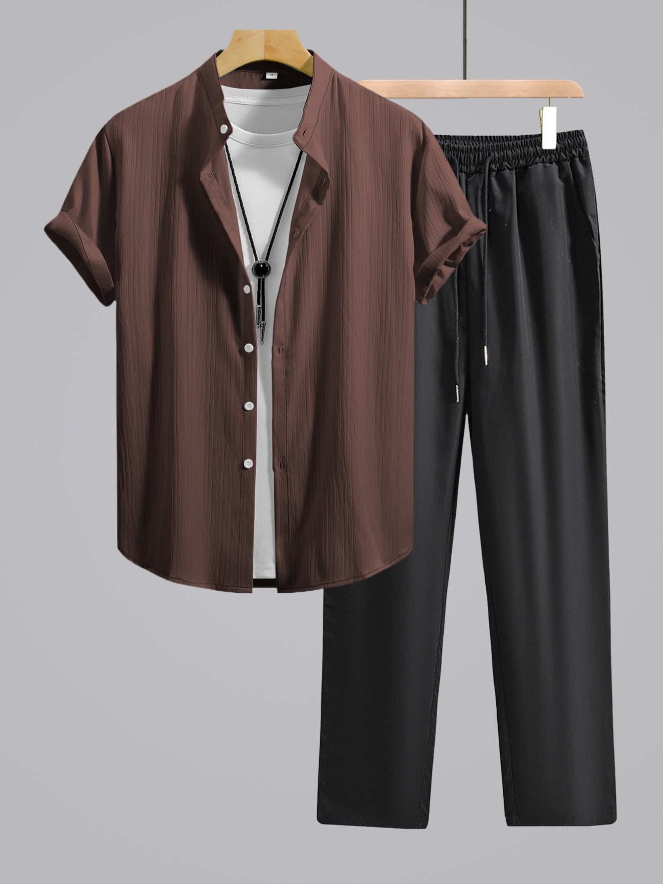 Men's Summer Casual Set: Mandarin Collar Shirt & Black Pants