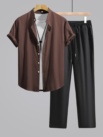 Men's Summer Casual Set: Mandarin Collar Shirt & Black Pants