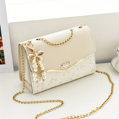 Elegant Women'S Sequin Chain Crossbody Bag - White Shoulder Purse with Golden-Tone Hardware & Decorative Pendant, Perfect for Festivals & Parties, Festival Shoulder Bag | Elegant Chain Strap | Decorative Pendant, Novelty Purs