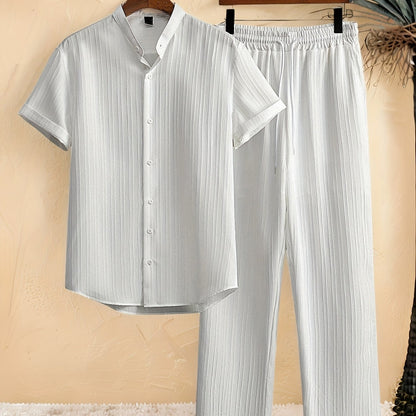 Casual 2pcs Set: Short Sleeve Stand Collar Shirt + Tie Straight Leg Pants, Suitable for Vacation Beach Outdoor Leisure Party