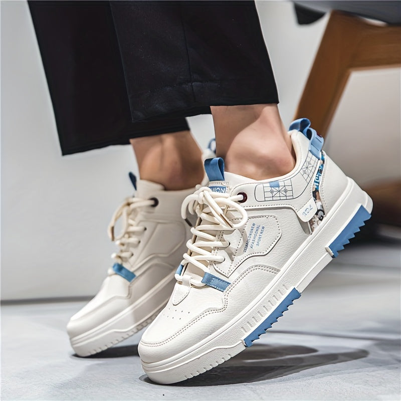 Men's Skate Shoes with Good Grip  Breathable Design - PU Upper, Cushioned PVC Sole, Black/Blue Letter Pattern Lace-Up Sneakers for All-Season Casual  Sports Wear, Allseason Shoes   Modern Casual Shoes   Comfortable Wear