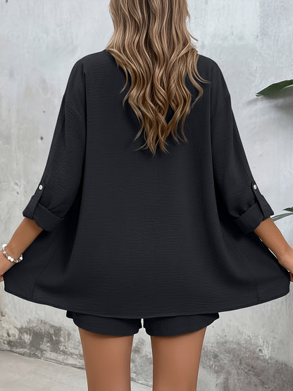 Women's Casual Long-Sleeve Shirt & High-Waist Shorts Set for Spring/Su