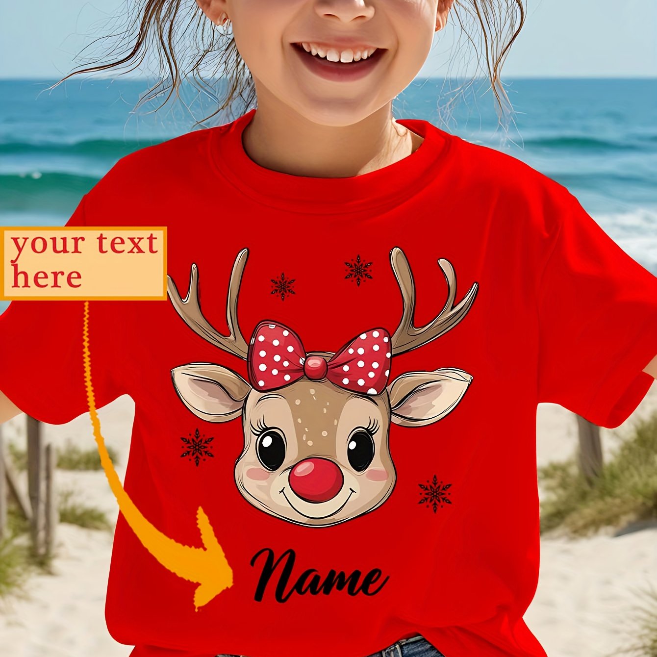 CHICFULL Girls' Personalized Name/Text Christmas Rudolph & Polka Bow T-Shirt - Red Smiling Reindeer Print with Golden Lettering, Soft Round Neck Casual Knit Top for Spring/Summer & Christmas, Machine Washable - Girls' Birthda