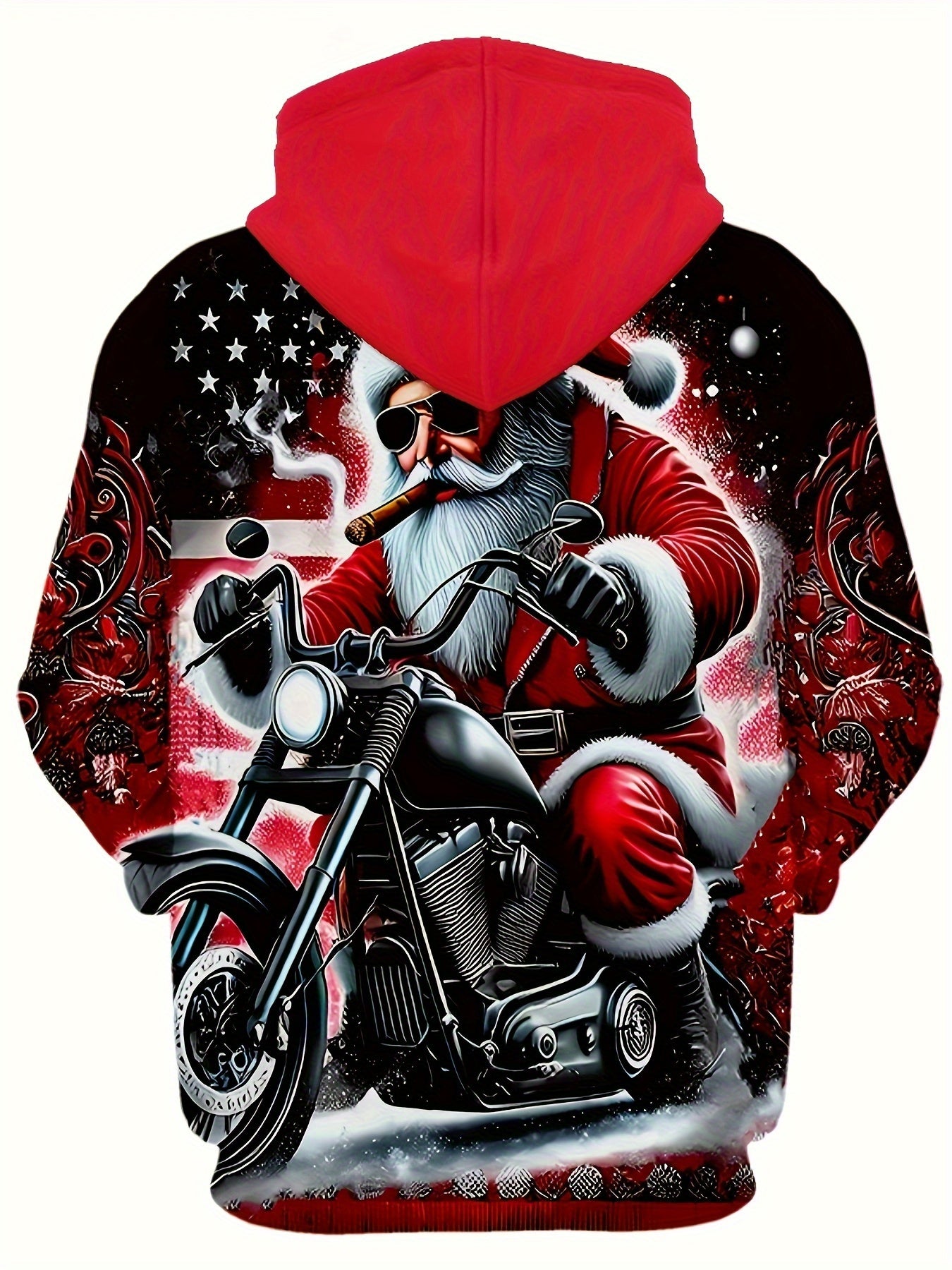 Plus Size Men'S Festive Santa Claus Motorcycle Hoodie - Long Sleeve, Casual Pullover with Drawstring and Kangaroo Pocket, Polyester, Machine Washable - Perfect for Autumn and Winter Street Style | Christmas Claus Motor Print