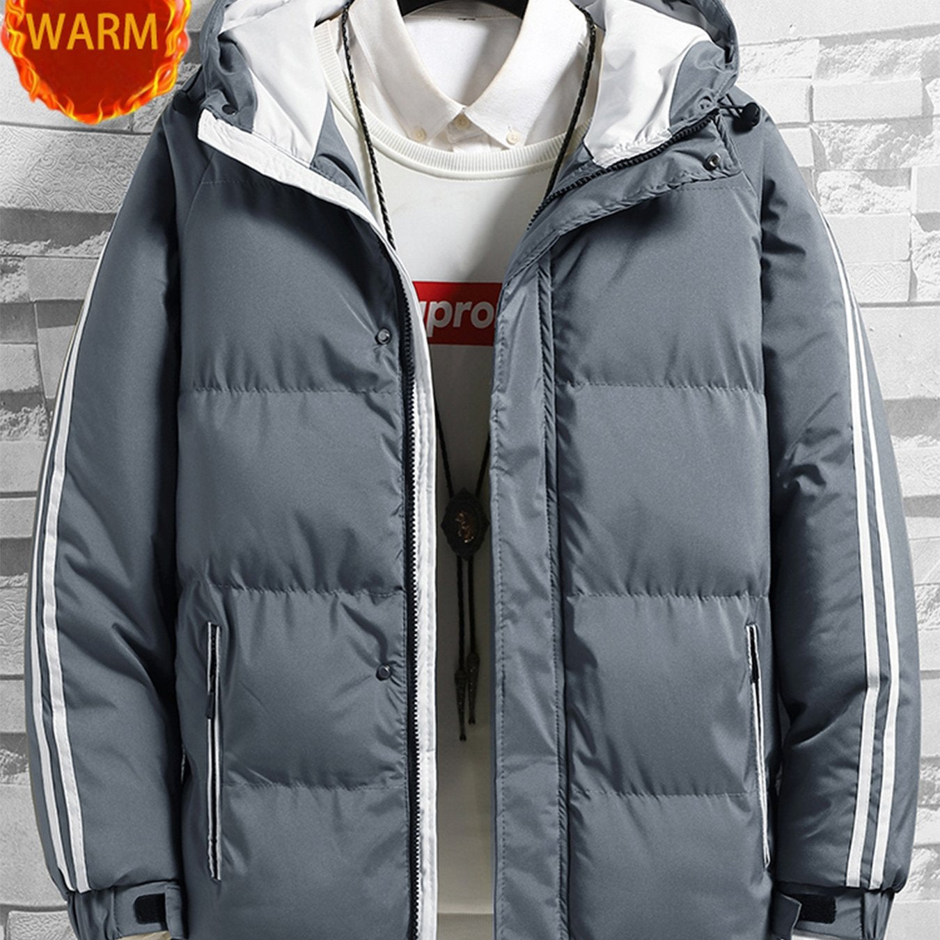 1pc Men's Heavy-Duty Winter Jacket with Hood - -Filled Coat, White & Dark Green, Golden-Zip Closure, Machine Washable, Casual Outdoor Wear (Snow, Windproof) - Regular Fit for, Skiing, Cold