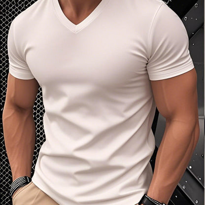 1pc Men's Light Blue Solid Color V-Neck Casual T-Shirt - Breathable Regular Fit Short Sleeve Tee for Spring Summer, Gym, Office  Casual Attire