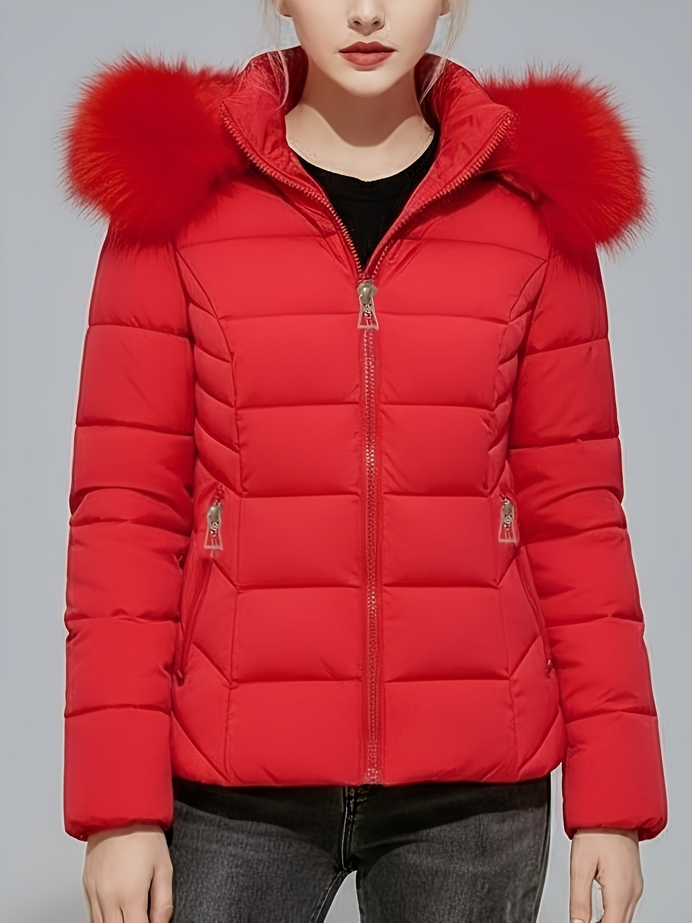 Women'S Red Winter Hooded Jacket with Plush Faux Fur Trim - Cozy Long Sleeve Zip-Up Coat, Slim Fit Casual Outerwear, Side Pockets, Warm & Stylish for Fall/Winter, Winter Jacket, Fall Fashion, Elegant Design, Soft Texture, Fas