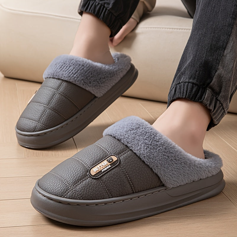 Men's Large PU Faux Leather Slippers Thick EVA Sole Warm Slip-On