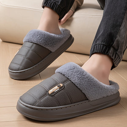 Men's Large PU Faux Leather Slippers Thick EVA Sole Warm Slip-On