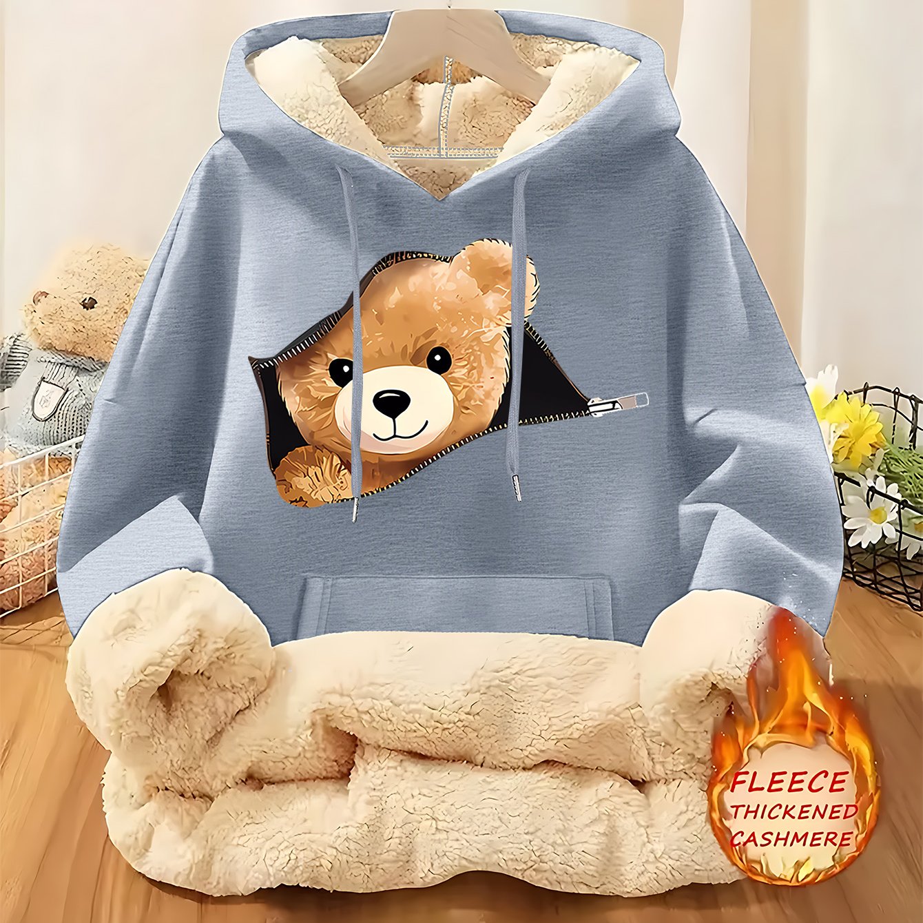 Women'S Plush Fleece-Lined Hooded Sweatshirt with Bear Print & Zipper Closure - Cozy Winter Warmth, / Color Block Design, Soft Fleece Fabric, Casual Pullover for Fall & Winter, Autumn Winter Apparel | Hooded Sweatshirt | Zipp