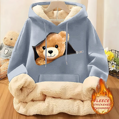Women'S Plush Fleece-Lined Hooded Sweatshirt with Bear Print & Zipper Closure - Cozy Winter Warmth, / Color Block Design, Soft Fleece Fabric, Casual Pullover for Fall & Winter, Autumn Winter Apparel | Hooded Sweatshirt | Zipp