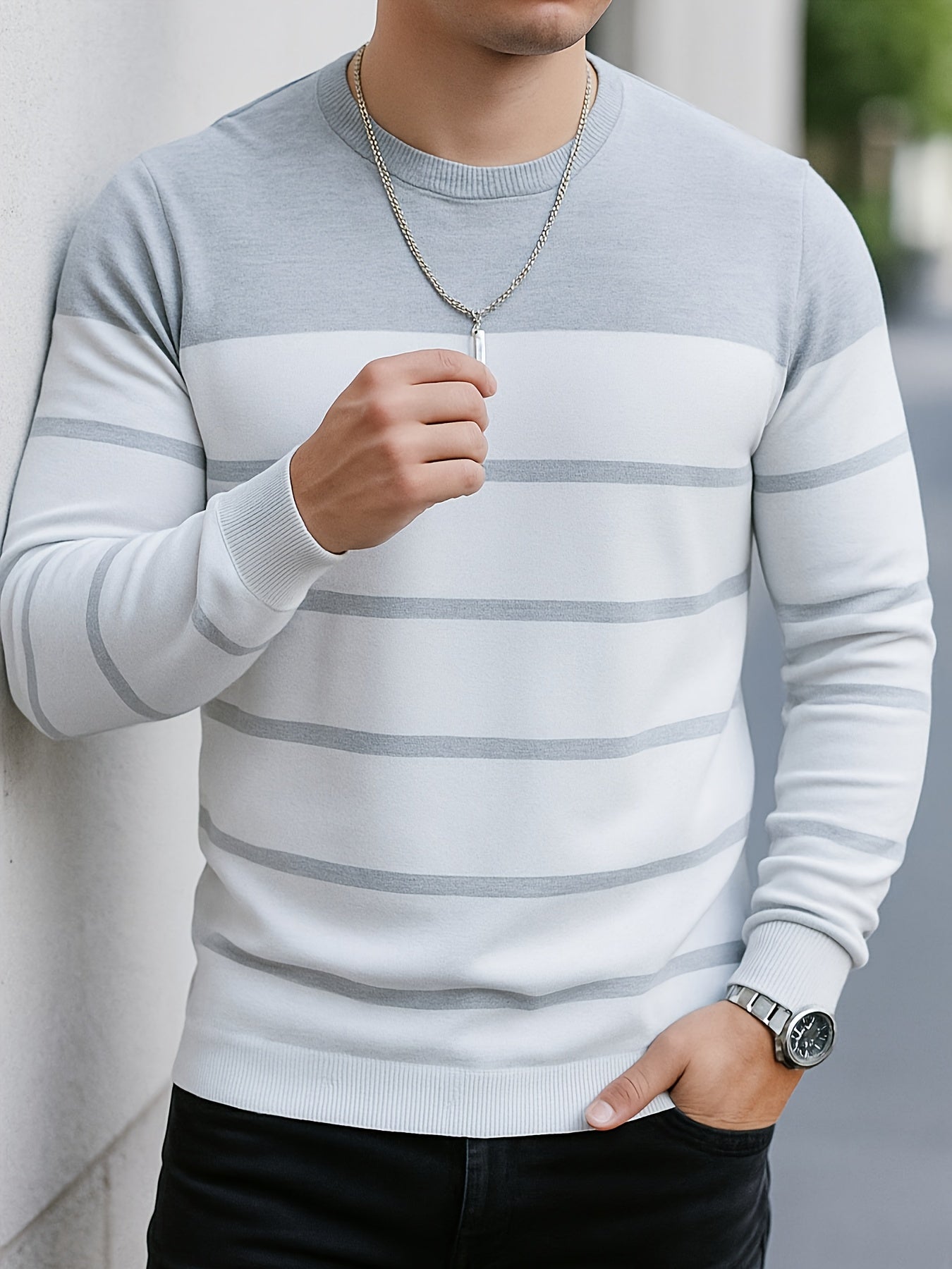 Men's All-Season Knit Sweater with Contrast Side Stripe