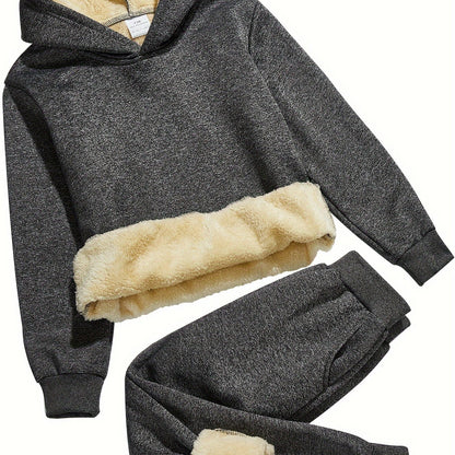 2pcs Boys' Thick Fleece-Lined Hooded Sweatsuit Set - Cozy Winter Warmth, Long Sleeve Pullover & Pants with Pockets, Casual Outdoor Playwear for Fall/Winter, for Outdoor, Winter Clothing