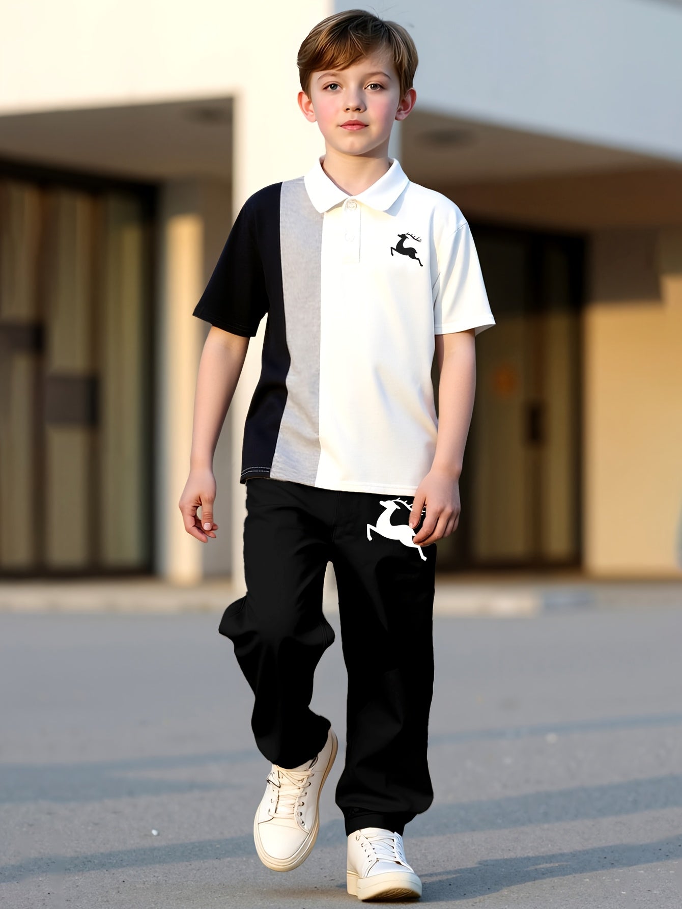 Boys' Deer Print Polo & Pants Set - Soft Casual Spring Outfit