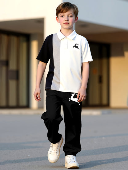Boys' Deer Print Polo & Pants Set - Soft Casual Spring Outfit