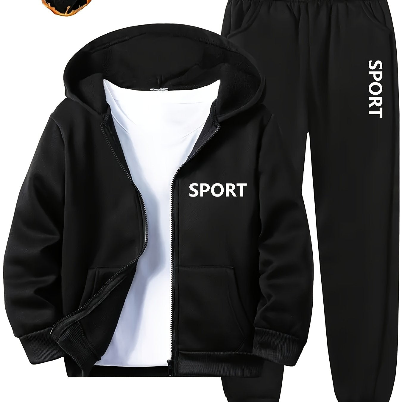 1 Set of 2pcs [Warm Fleece Jacket Set for Boys] Comfortable Fleece Jacket Boy Zip Hoodie And Pants Set | Letter Print, Long-Sleeved Casual Sportswear with Pockets, Perfect for Autumn And Winter Jogging And Outdoor Activities,