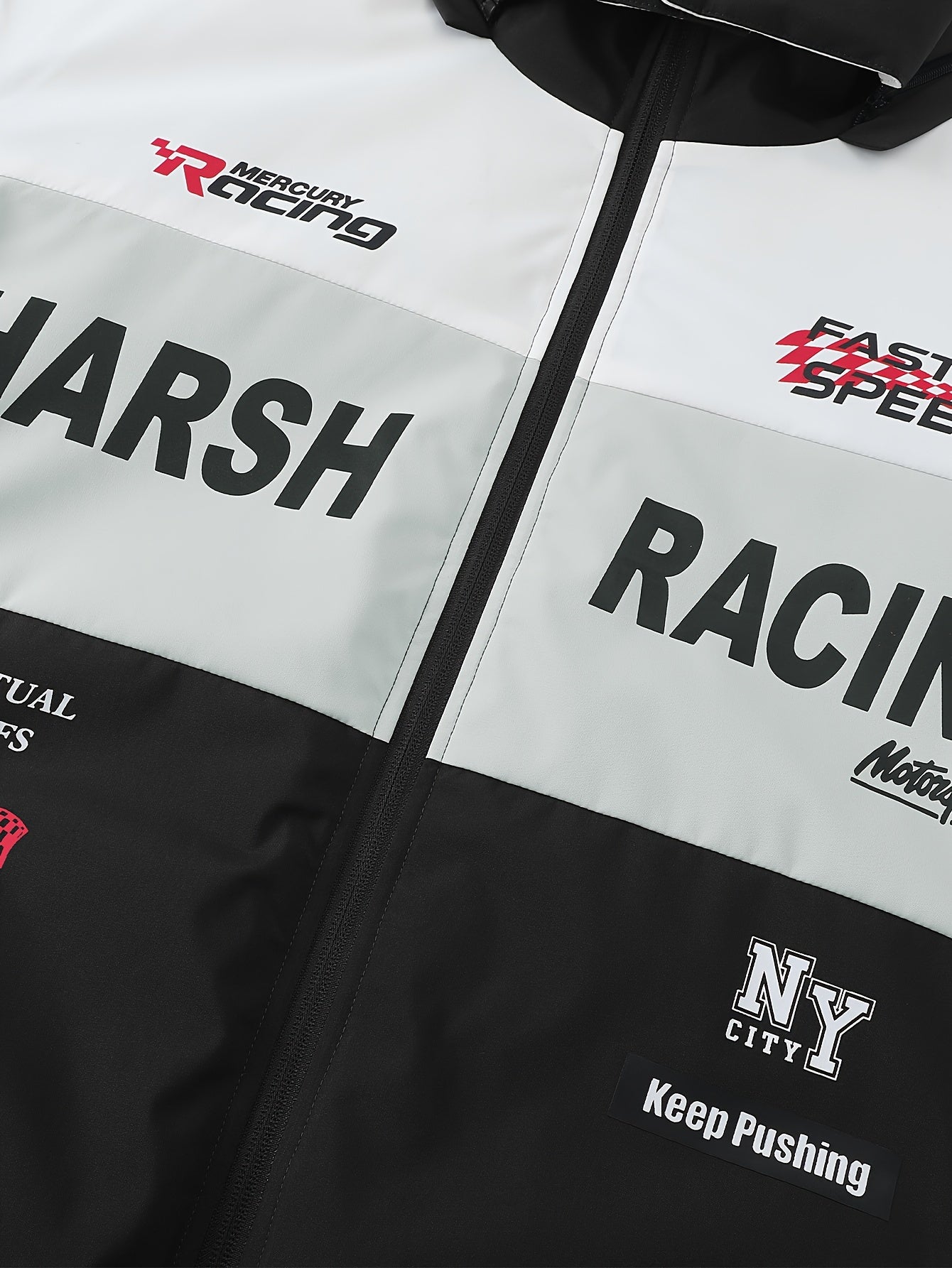 Men'S Casual Motorcycle Jacket, Warm Pilot Fashion Top 6023, 100% Polyester Hooded Collar with Alphabet Pattern, Long Sleeve Regular Fit, Non-Stretch Woven Fabric, Zipper Placket, with Pockets - 280gsm