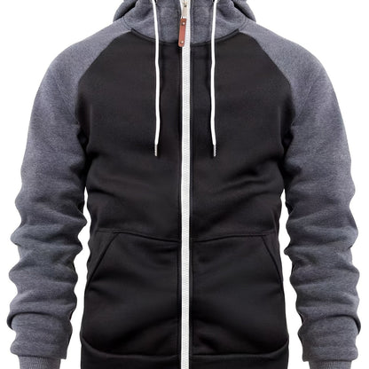 Men'S Stylish Color Block Hoodie - Casual Zip-Up Hooded Sweatshirt with Front Pockets, Long Sleeves, and Ribbed Cuffs - Maroon & Black Design, Comfortable for Fall and Winter Wear