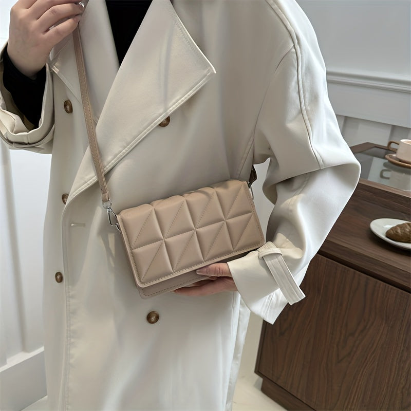 Black Minimalist Mini Square Shoulder Bag, All Matching Argyle Pattern Flap Crossbody Bag