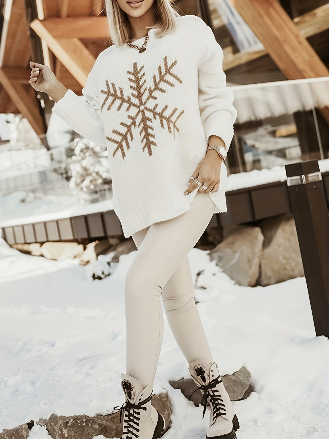 Women'S Elegant Large Snowflake Sweater - Winter Warmth Round Neck Pullover with Brown & Snowflake Pattern, Soft Round Neck Sweater for Christmas, New Year'S Eve, Everyday Outfits - Cozy Fall/winter Sweater, Christmas Sweater