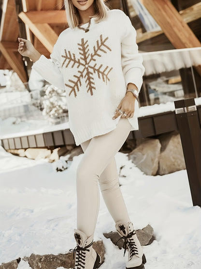 Women'S Elegant Large Snowflake Sweater - Winter Warmth Round Neck Pullover with Brown & Snowflake Pattern, Soft Round Neck Sweater for Christmas, New Year'S Eve, Everyday Outfits - Cozy Fall/winter Sweater, Christmas Sweater