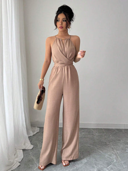Women's Spring Summer Pleated Halterneck Maxi Jumpsuit