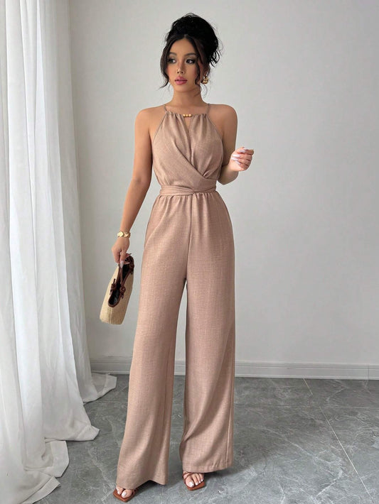 Women's Spring Summer Pleated Halterneck Maxi Jumpsuit