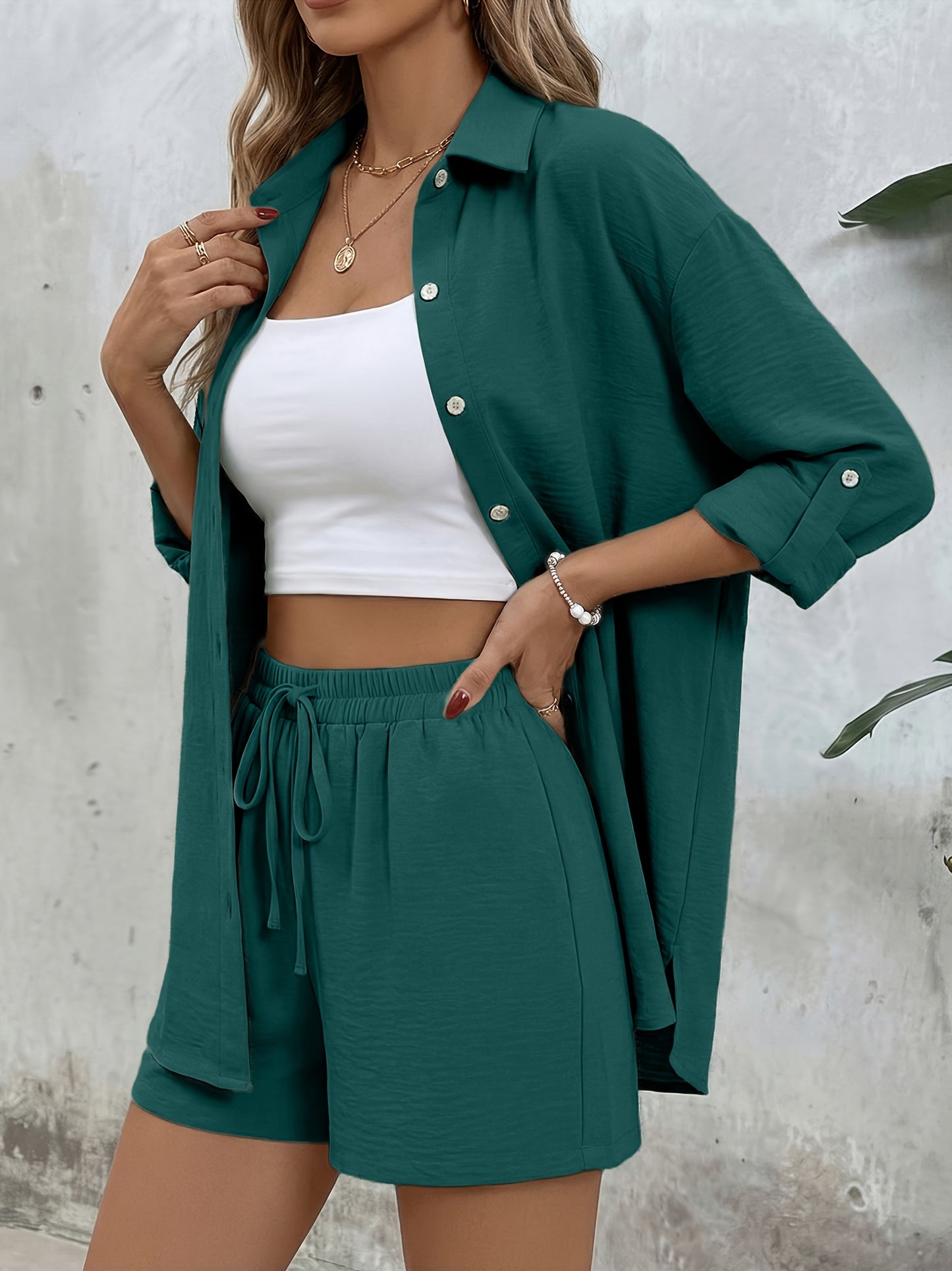 Women's Casual Long-Sleeve Shirt & High-Waist Shorts Set for Spring/Su
