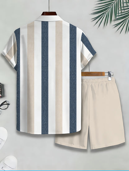 Men's Casual Summer Set: Striped Shirt & Printed Beach Shorts