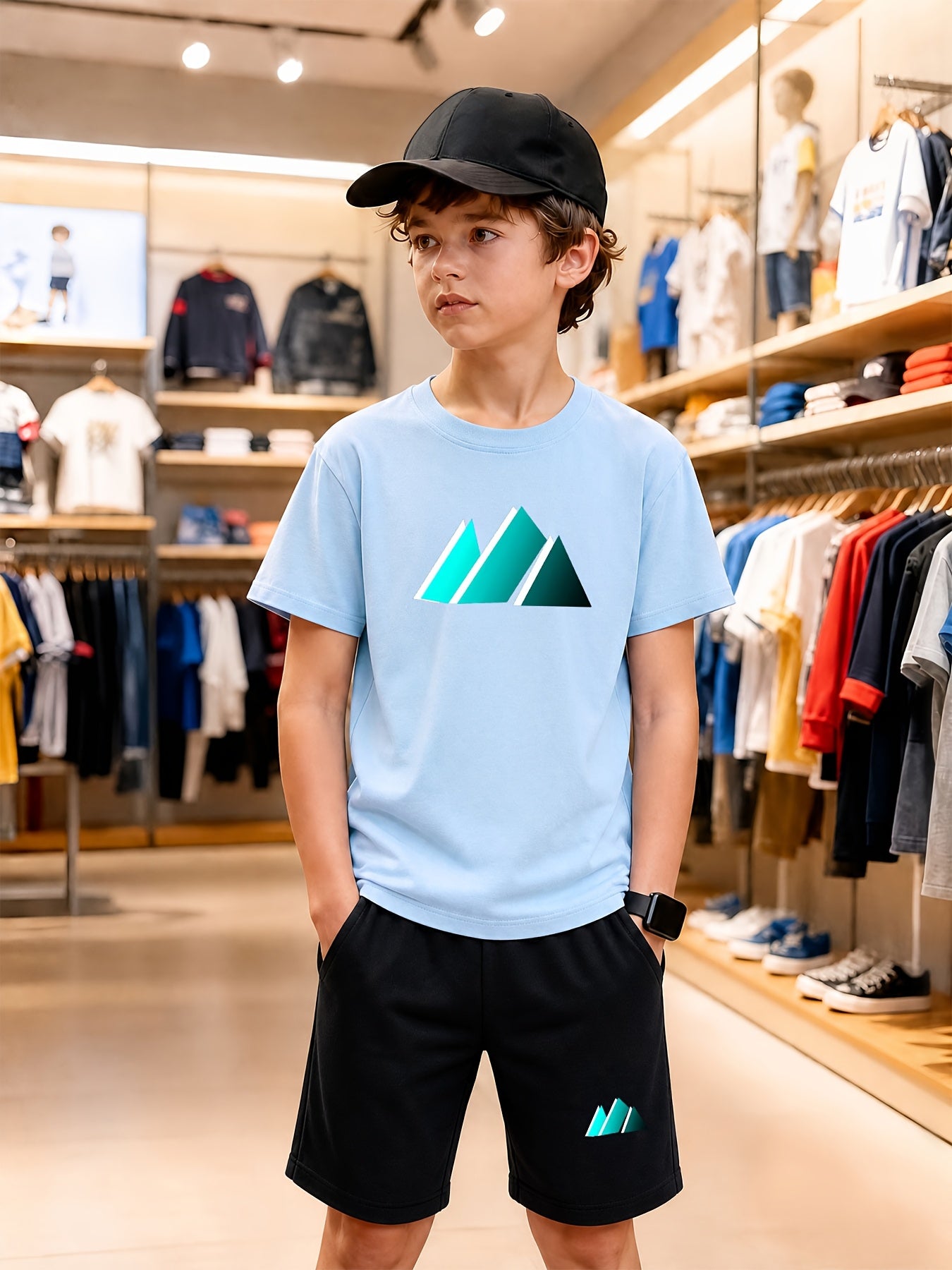 Boys' Casual Cotton T-Shirt and Shorts Set - Geometric Print