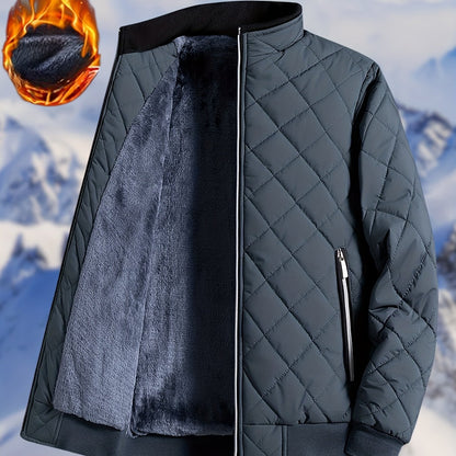 Men'S Diamond Pattern Fleece-Lined Jacket | Casual Stand Collar Warm Coat with Zipper Closure for Autumn and Winter