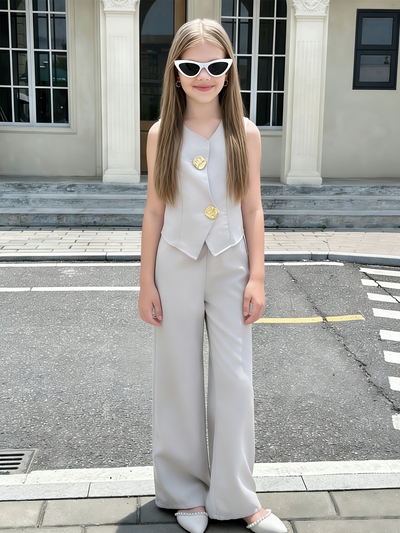 Teen Girls' Sleeveless Suit Vest & Wide-Leg Pants Two-Piece Set