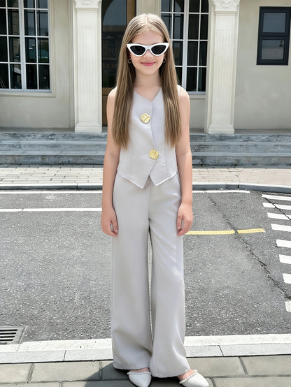 Teen Girls' Sleeveless Suit Vest & Wide-Leg Pants Two-Piece Set