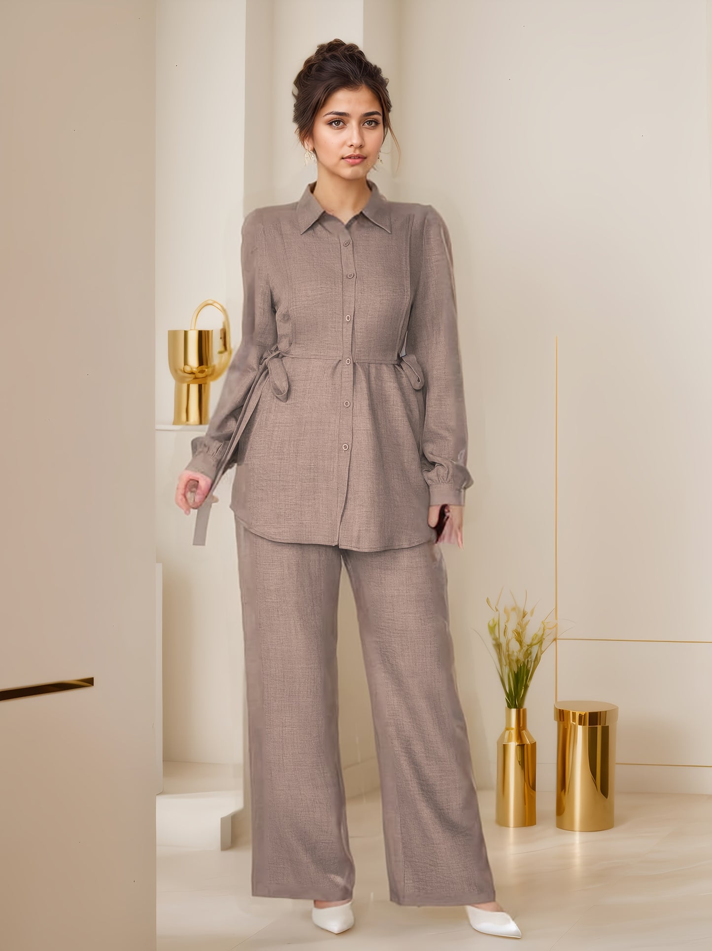 Two-Piece Abaya Set with Wide-Leg Pants, Long Sleeve Design with Back Tie, Suitable for Office and Daily Wear, Soft and Stretchable Fabric, Elegant Middle Eastern Style, Comfortable, Machine Washable, Practical and Stylish