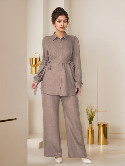 Two-Piece Abaya Set with Wide-Leg Pants, Long Sleeve Design with Back Tie, Suitable for Office and Daily Wear, Soft and Stretchable Fabric, Elegant Middle Eastern Style, Comfortable, Machine Washable, Practical and Stylish