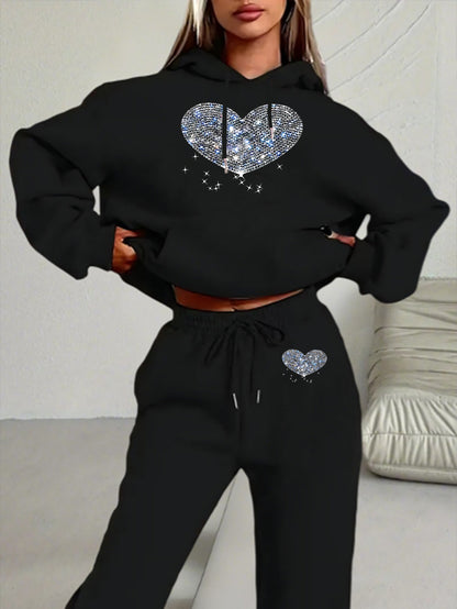 Ladies' Autumn-Winter Casual Hooded Sweatshirt and Pants Set with Shiny Heart Print | Comfortable Fleece-Like Feel, Drawstring Details