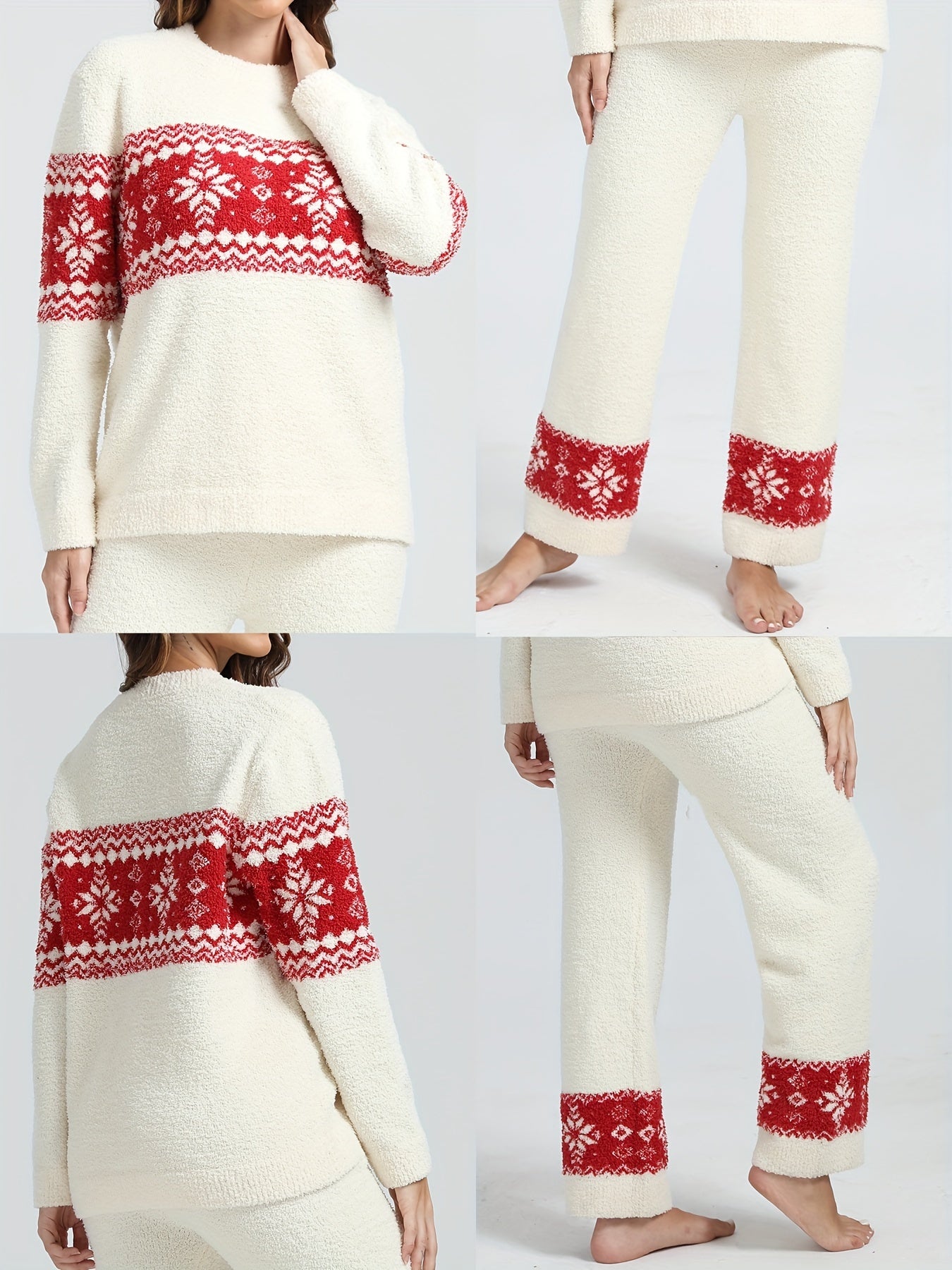 Women's Autumn/Winter Home Wear Soft Warm Fashion Christmas Snowflake Long Sleeve Pants 2pcs Set