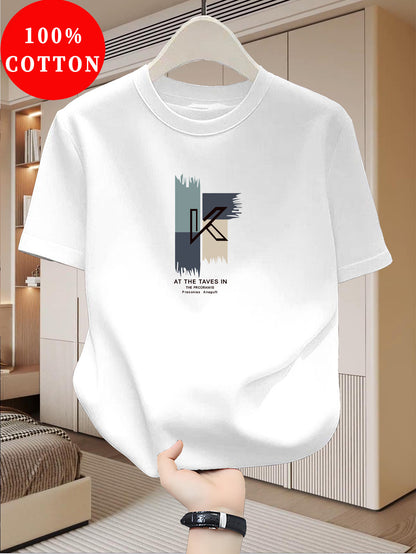 Men's Heavyweight 100% Cotton T-Shirt - Beige Crew Neck Tee, Breathable Summer Shirt for Everyday  Formal Wear, Soft Everyday Essential, Relaxed Fit, Stylish Lettering, Premium Quality, Short Sleeve Top, Casual Wardrobe