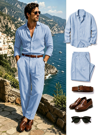 Men's Lightweight Linen Long-Sleeve Shirt & Pants Set for Spring/Fall