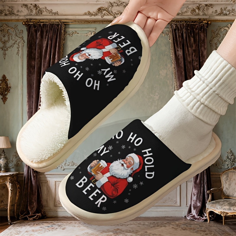 Funny Santa Claus Holding Beer Slippers - Soft Plush Slip-On Indoor House Shoes with Santa & Beer Design, Cozy Winter Footwear for Men & Women, Holiday Party Gift Idea (Hand Washable), Christmas Home Decor
