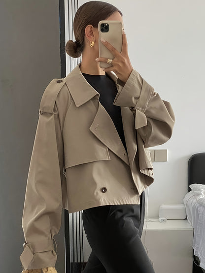 Women's Spring/Autumn Solid Color Simple Loose Casual Short Long Sleeve Trench Coat