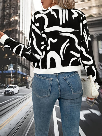 Women'S Stylish Black & White Abstract Print Zip-Up Cardigan Jacket - Casual Long Sleeve Pullover with Belted Waist, All-Season Wear, Casual Attire Jacket|Modern Casual Jacket|Zippered Jacket