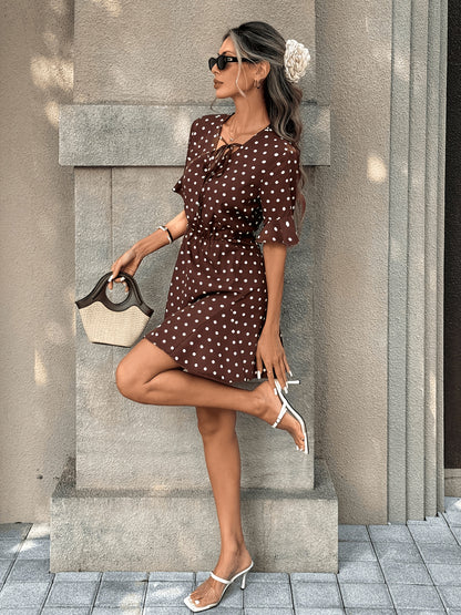 Women's Elegant French-Style Polka Dot Midi Dress with Ruffle Sleeves