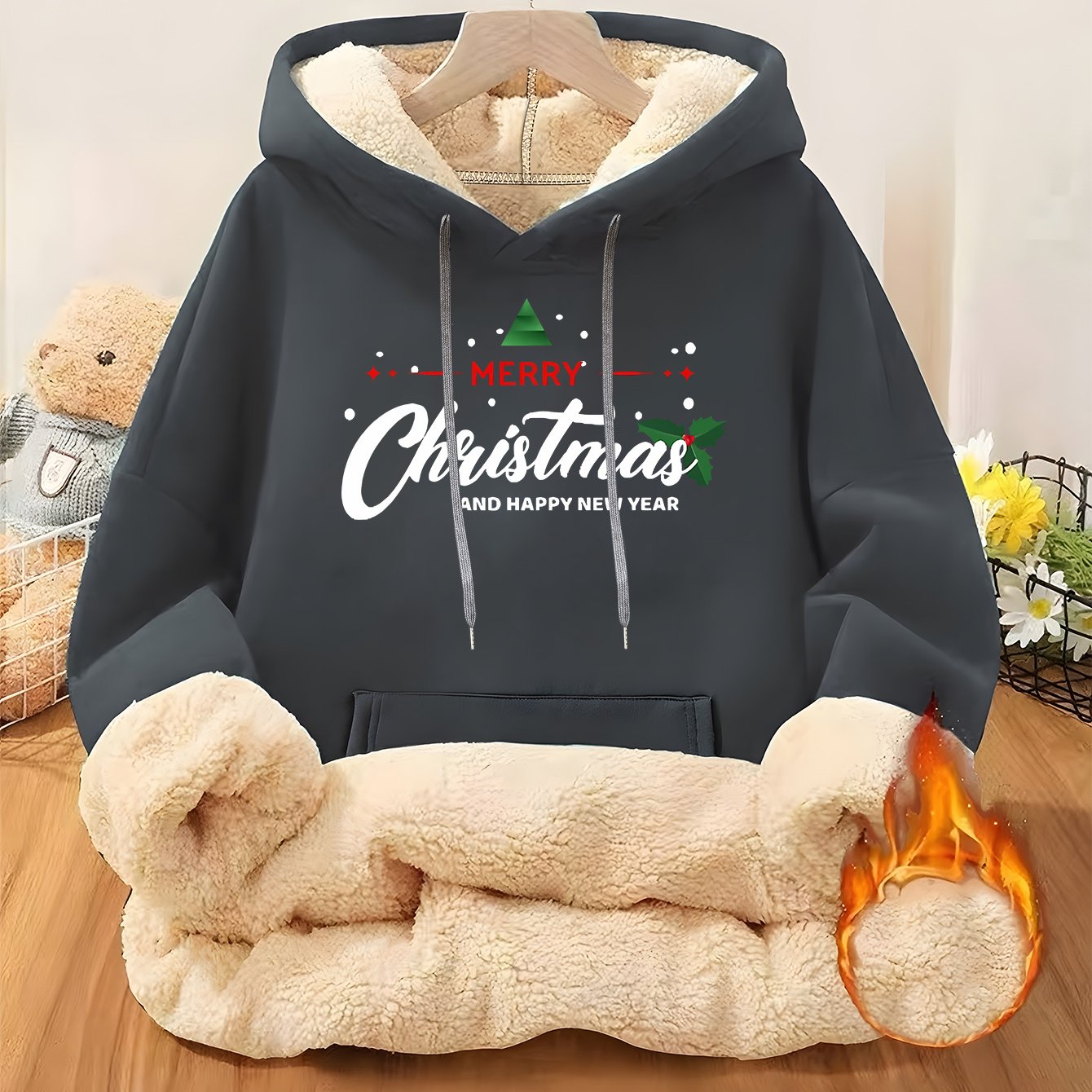 Women'S Plus Size Winter Warm Hooded Sweatshirt with Merry Christmas & Happy New Year Print - Thick Fleece-Lined Oversized Pullover, Cozy Casual Sweater for Christmas, Halloween Gifts, Christmas Sweatshirt, Festive Clothing,